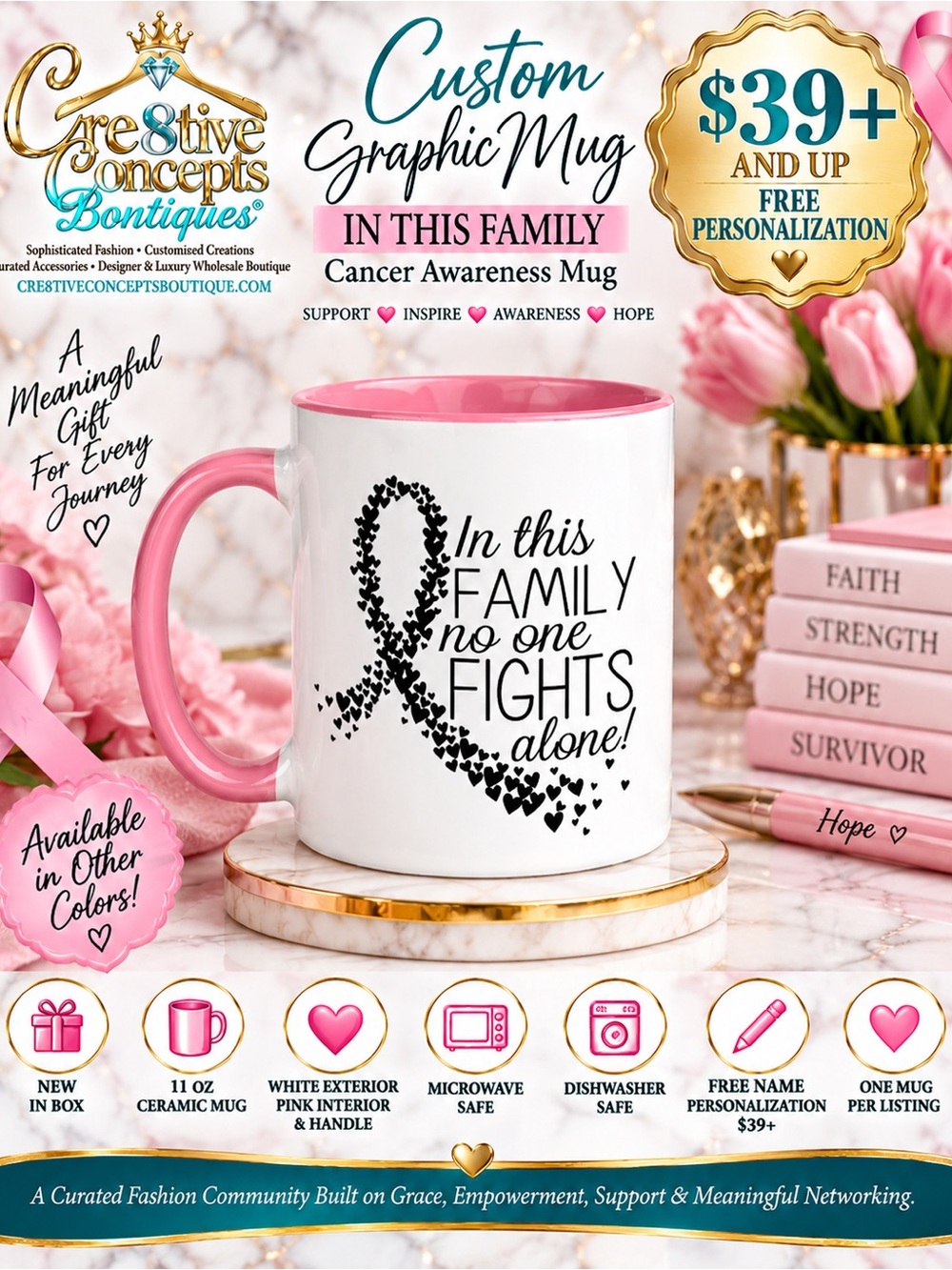 Custom “In This Family” Breast Cancer Support - 11oz Ceramic Hand-Crafted Mug